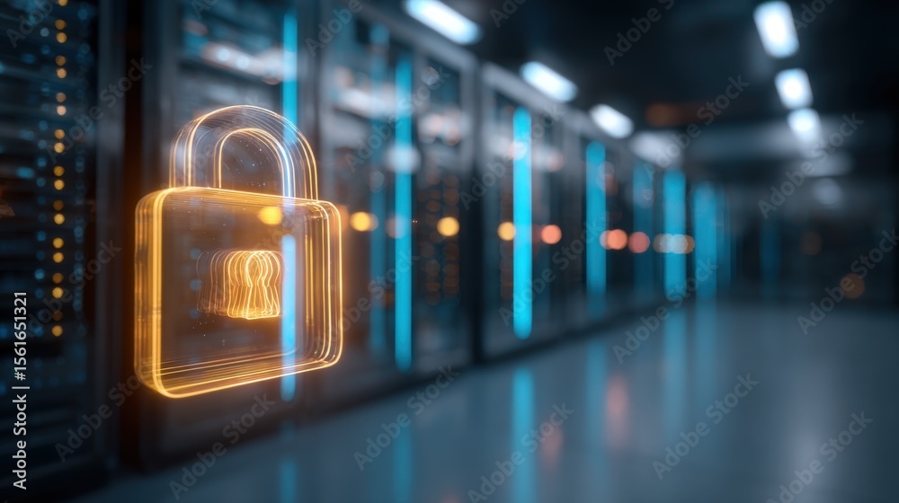 Aufkleber advanced digital security system illustration featuring a glowing padlock in high-tech server room s