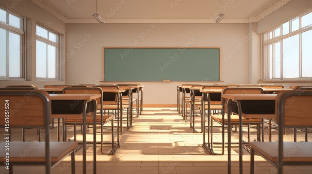 Poster Bright empty classroom with desks and chalkboard illuminated by natural light.