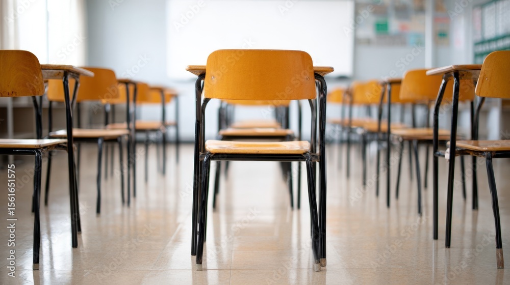 Poster Empty classroom with rows of wooden chairs and desks in bright educational setting.