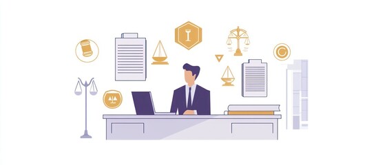 Lawyer at desk with legal documents and symbols.