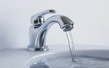 Close up of a shiny chrome faucet with water running into a white sink basin