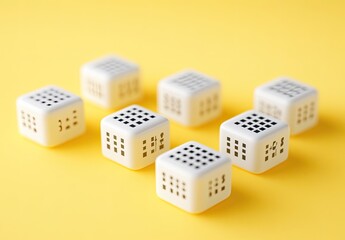 White cubes with black grid patterns arranged in a heart shape on a yellow background