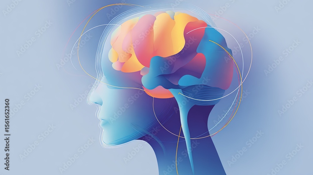 Poster human brain graphic illustration showing neural connections and colorful abstract.