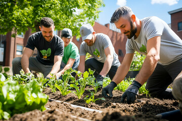 a group of volunteers working together in a community garden on a sunny day.