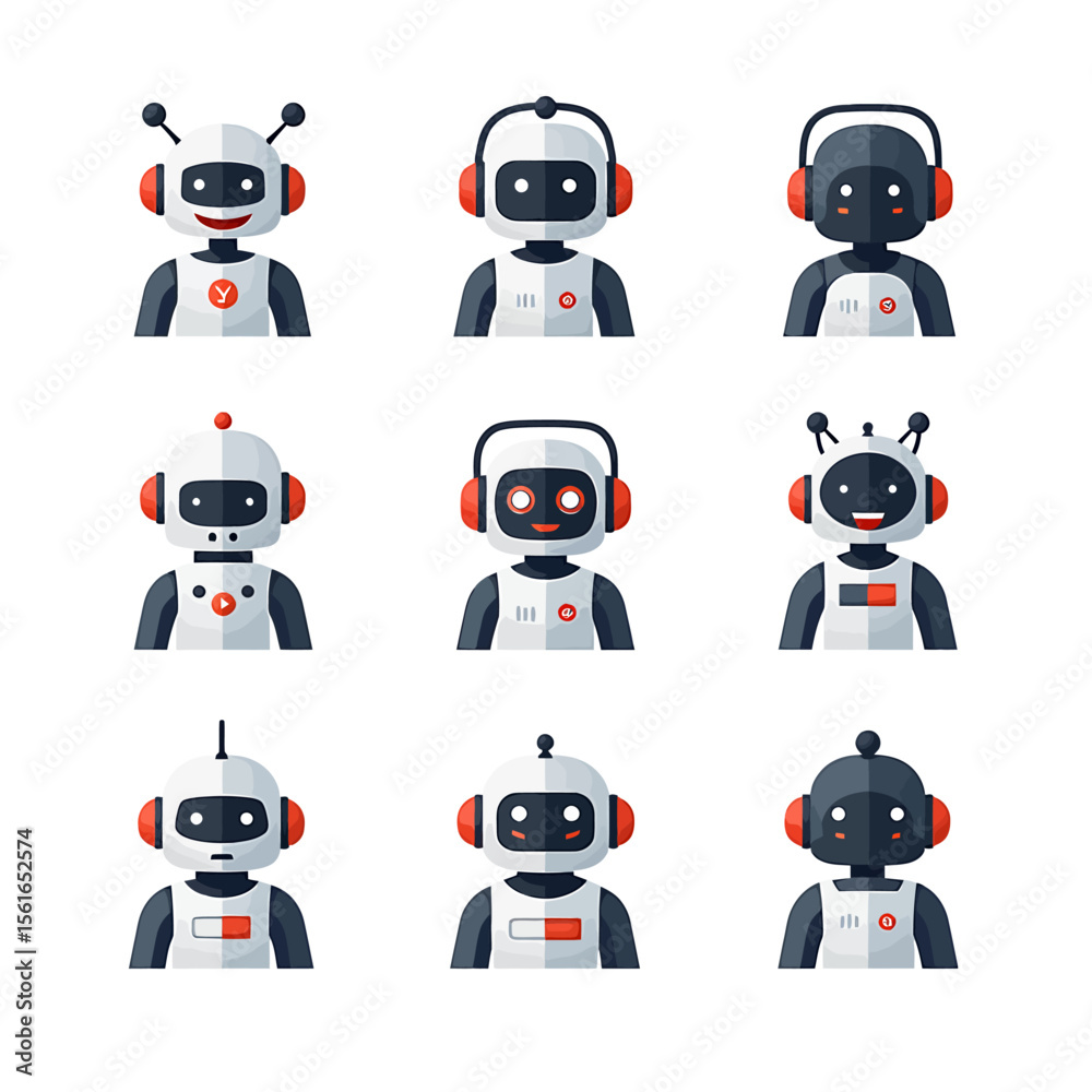 Poster collection of nine unique robot avatars, each with distinct features and expressions, ideal for webs