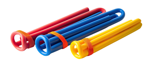 Three colorful, flexible tubes with bands