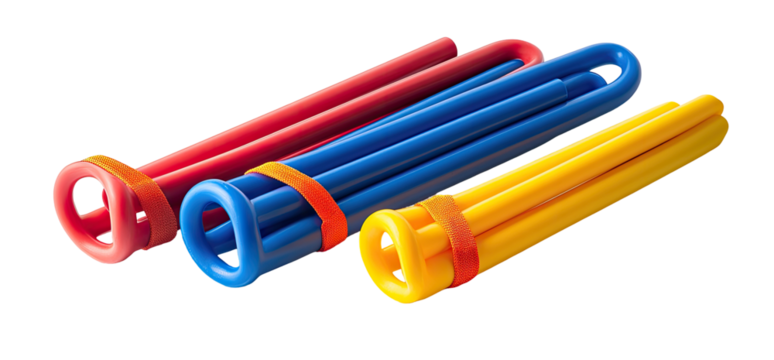 Three colorful, flexible tubes with bands