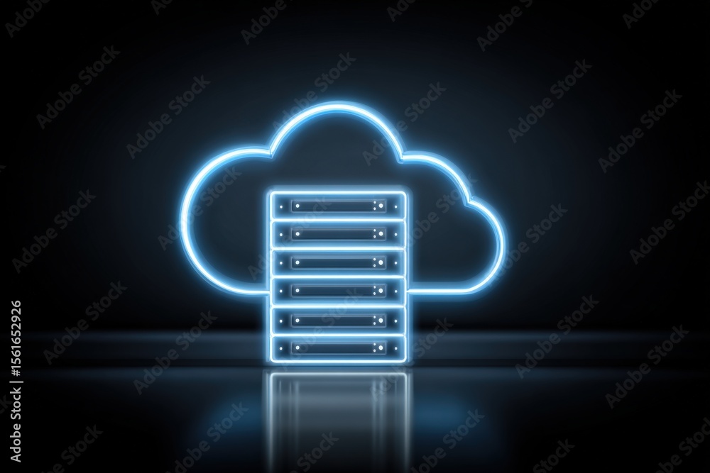Poster Neon Cloud With Data Server Icon Representing Cloud Computing and Data Storage.