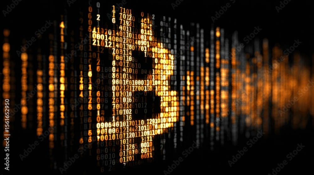 Poster Digital binary code flowing and swirling in golden hues creating a futuristic abstract scene.