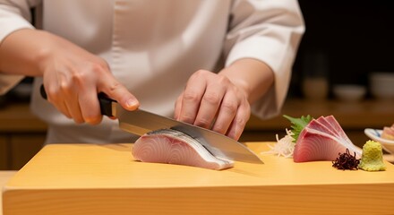 Chef Precisely Slicing Raw Fish on Wooden Board