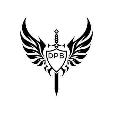 DPB "Warrior Shield and Sword Emblem with Wings Logo," DPB Later Logo, "Black Tribal Winged Sword Crest Vector," "Heraldic Emblem with Wings, Sword, and Shield,"
