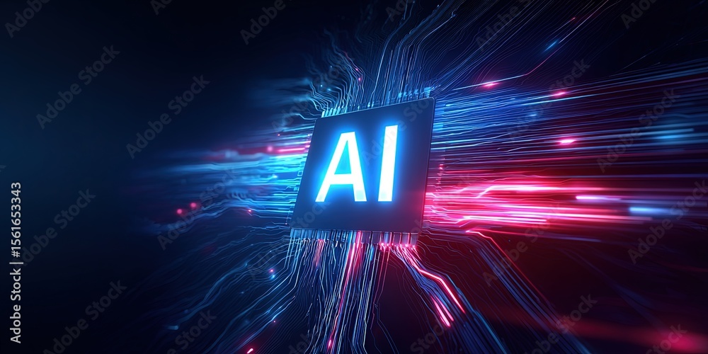 Poster Futuristic AI Circuit Board with Neon Light Effects and Digital Data Streams.