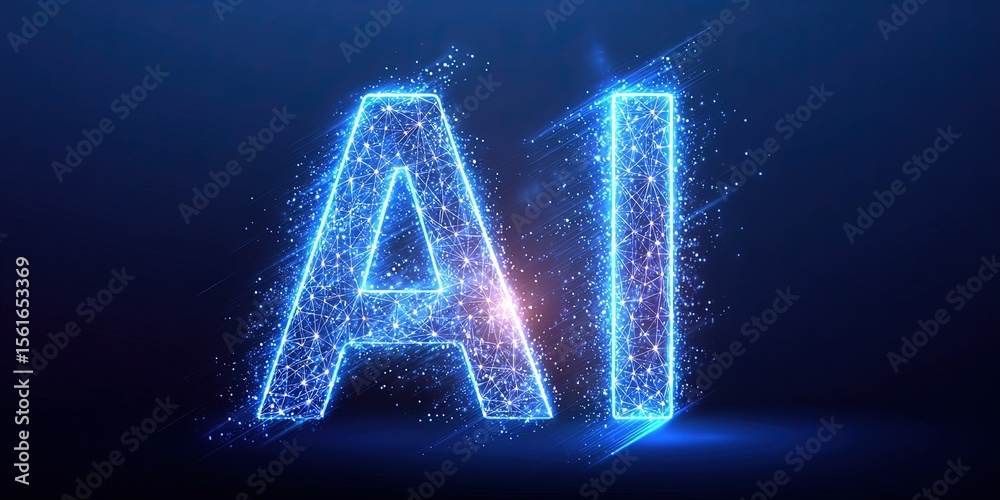 Poster Digital futuristic glowing AI symbol with neon effects and particle sparkles.