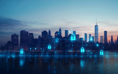 Cityscape with glowing locks symbolizing cybersecurity and data protection