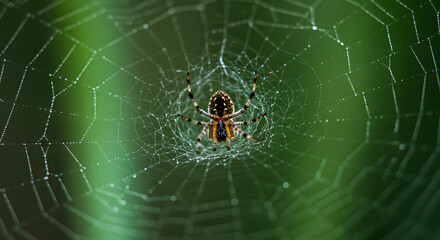 Obraz premium Close-up of Spider on Intricate Web with Dark Background
