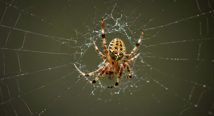Close-up of Spider on Intricate Web with Dark Background