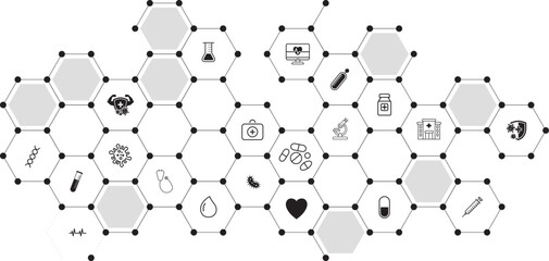Abstract medical hexagon pattern with flat icon. Modern Healthcare Network Icons in Hexagonal Pattern