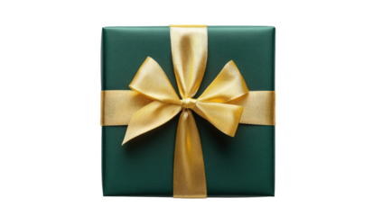 Green gift box with gold ribbon bow