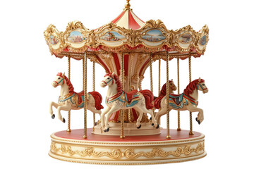 Vintage carousel, classic design, with ornate details, red and cream colors, four horses