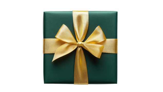 Green gift box with gold ribbon bow