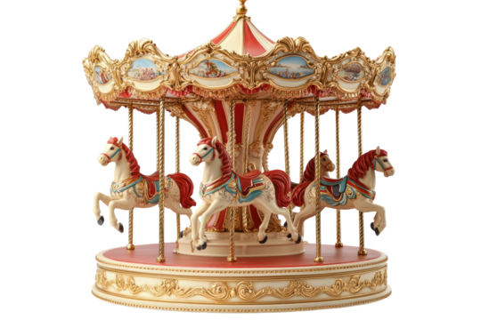 Vintage carousel, classic design, with ornate details, red and cream colors, four horses