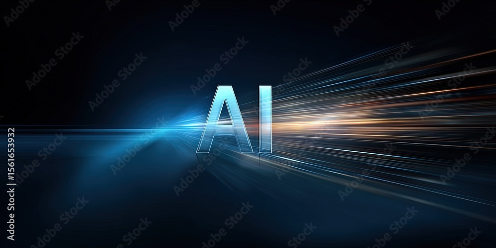Poster Futuristic AI Concept with Bright Light Effects and Dynamic Data Stream.