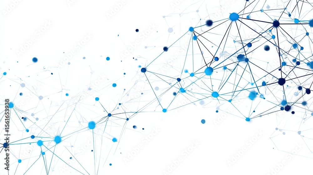 Poster Abstract digital network with interconnected nodes in blue and black on white background.