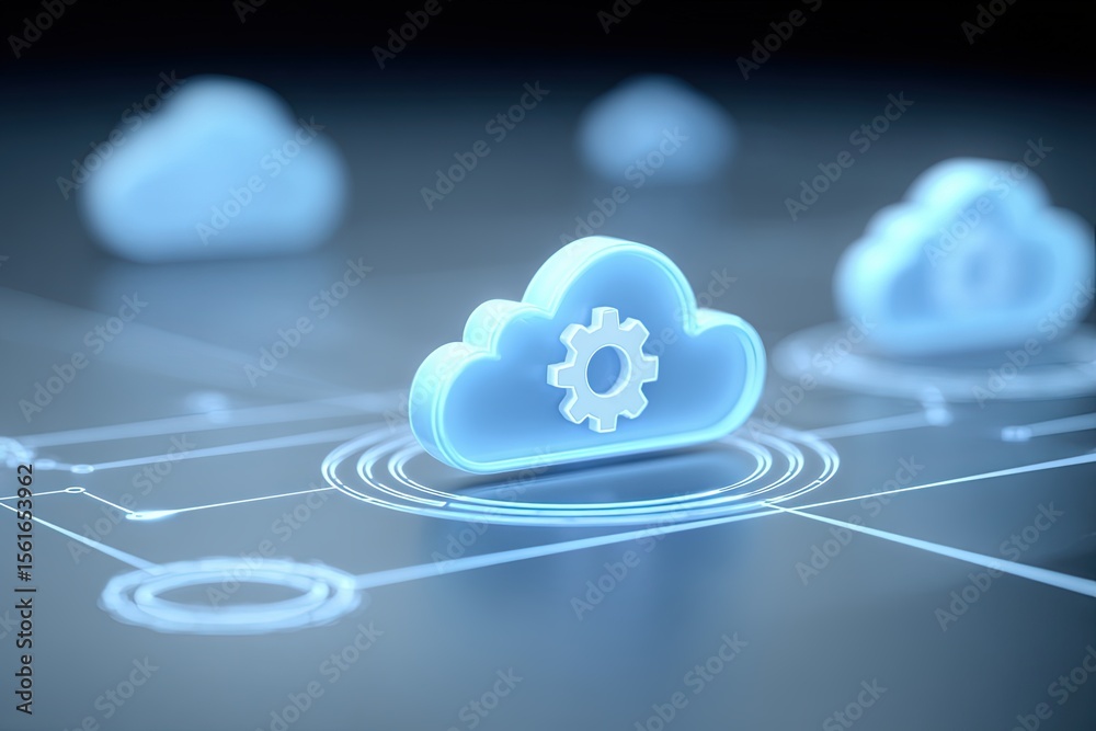 Poster Cloud computing technology with digital cloud icons and interconnected data network.