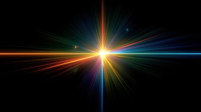 Vibrant Light Burst Explosion in Dark Space with Radiant Colorful Beams.
