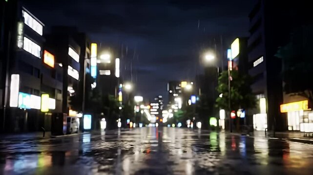 Rain-slicked street at night reflects city lights in a dark, moody urban scene