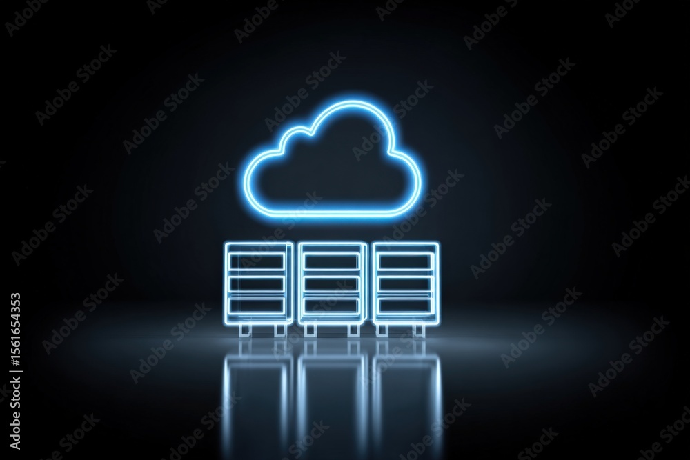 Poster Neon Cloud Data Storage Cloud Storage Concept with Digital Server Servers.