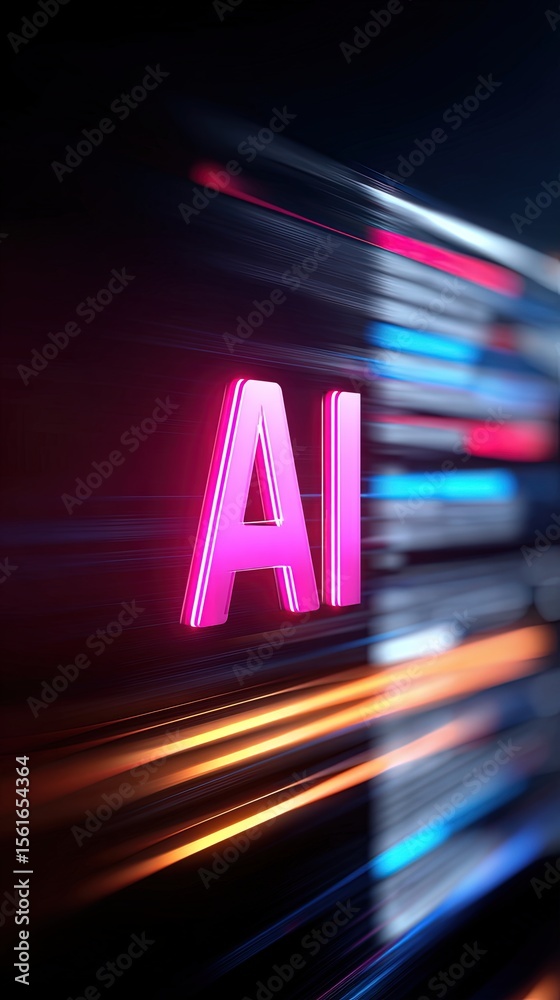 Poster Vibrant neon AI text with dynamic light streaks representing technology and innovation.