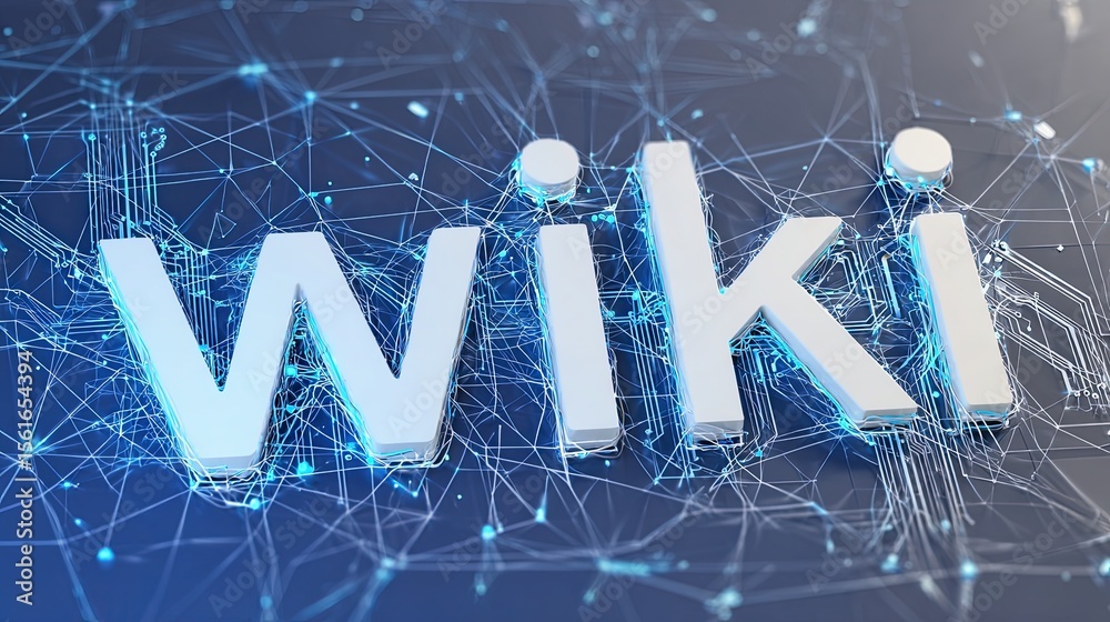 Poster modern digital network concept with glowing blue wireframe technology and wiki text.
