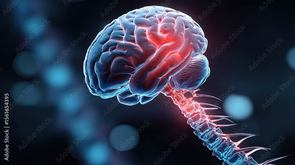 Poster highly detailed digital illustration of human brain with spinal cord showing neural connections and 
