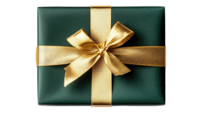 A dark green gift box, tied with gold ribbon