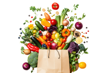 Fresh produce overflowing from a brown paper bag