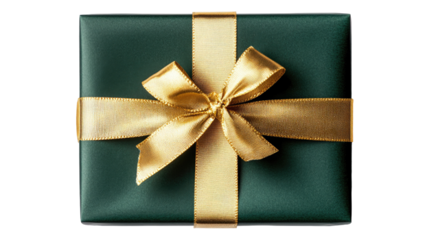 A dark green gift box, tied with gold ribbon