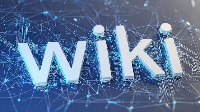Modern digital network concept with glowing blue wireframe technology and wiki text.