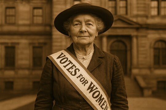 Elderly suffragette wearing Votes for Women sash standing in front of historic building in sepia portrait
