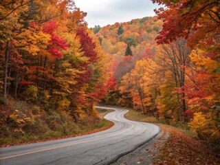 Obraz premium Golden leaves line a winding autumn road through a vibrant forest, a colorful landscape beneath a clear sky