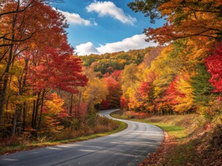 Fototapeta premium Golden leaves line a winding autumn road through a vibrant forest, a colorful landscape beneath a clear sky