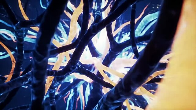 Abstract tangle of yellow and dark blue tendrils against a softly glowing background