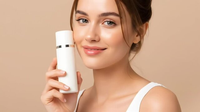 Close Up Portrait of Young Woman Holding White Skincare Product Bottle with Neutral Beige Background in Studio Lighting for Adobe Stock Photos