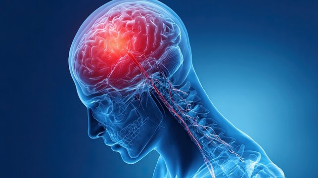 Detailed medical illustration of brain stroke with highlighted affected area and neural connections.