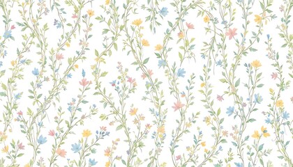 Obraz premium Seamless floral vine pattern with delicate leaves and colorful flowers on a soft grey background. Perfect for wallpaper, fabric, gift wrap, textile prints, and elegant surface design.