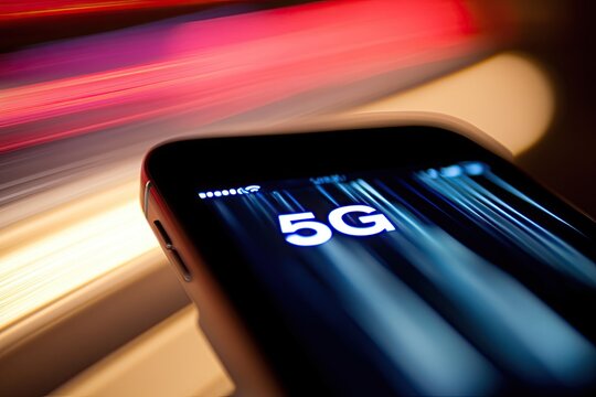Close-up of a smartphone displaying 5G network technology against a background of blurred light streaks