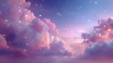 Fototapeta premium Stunning pink and purple cloudscape with twinkling stars under a dreamy sky.