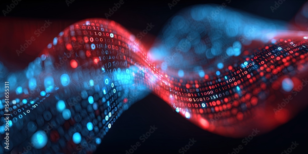 Poster Highly detailed digital abstract wave with binary code in vibrant red and blue colors.