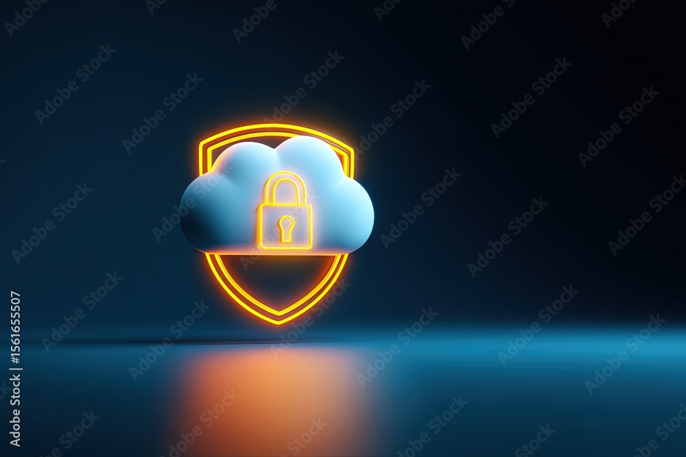Poster digital security concept with cloud storage lock shield neon glow illustration.