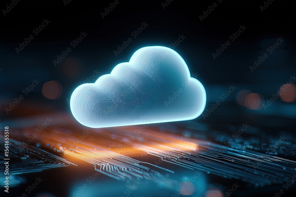 Poster Digital Cloud Icon Hovering Over Circuit Board With Glowing Data Streams at Night.